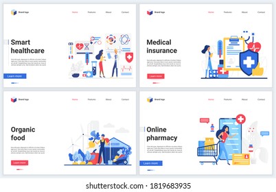 Medical healthcare online technology vector illustrations. Cartoon flat medicine website interface design, mobile app modern banner set with smart insurance, healthy lifestyle and pharmacy application