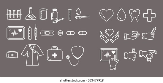 Medical and healthcare outline icons set on black background