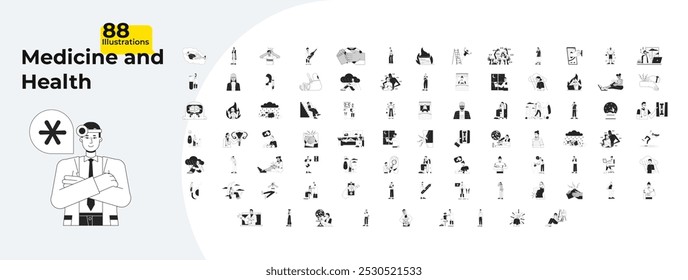 Medical healthcare outline illustrations mega bundle. Psychology mental disorder. Hospital research. Trauma injury. E medicine 2D linear images isolated. Collection black and white vector drawings