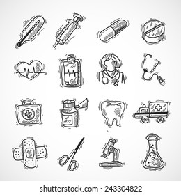 Medical And Healthcare Pharmacy And Hospital Icons Sketch Set Isolated Vector Illustration