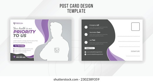 Medical healthcare postcard design template or EDDM with abstract purple gradient color shapes and white background