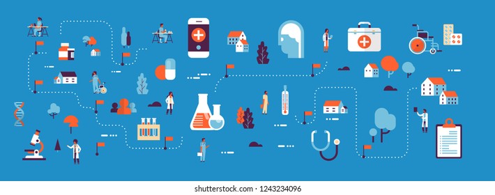 medical healthcare products medicine isometric map concept laboratory equipment doctors and nurses cartoon character horizontal banner blue background flat