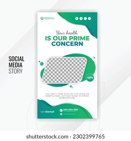 Medical healthcare promotion banner for social media story design template with abstract green gradient color shape and white background