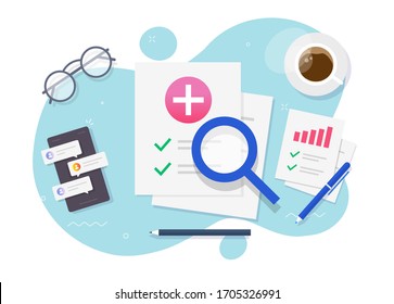 Medical healthcare research patient report workplace or health care life insurance check list table vector flat cartoon design, medicare document on office desk top view, diagnose test analyze modern