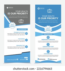 Medical Healthcare Roll-up banner. Multipurpose business Blue Green pharmacy, signage standee vector layout. Vertical X banner rollup banner set.