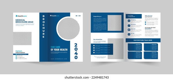 Medical healthcare service bifold brochure design or hospital clinic promotion brochure template, Multipurpose template with cover, back, and inside pages vector layout