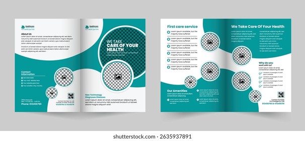 Medical healthcare service bifold brochure design or hospital clinic promotion brochure template, Multipurpose template with cover, back, and inside pages layout