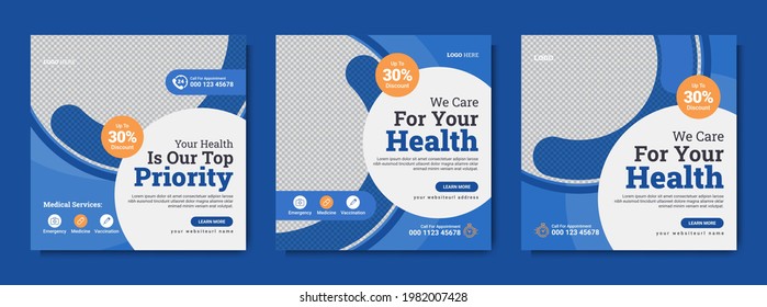 Medical Healthcare Service Social Media Post Template Design. Hospital, Doctor, Clinic And Dentist Health Business Marketing Banner With Logo, Icon. Creative Online Promotion Corporate Flyer Or Poster