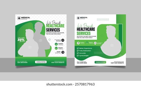 Medical healthcare service social media post doctor consultation square banner, hospital clinic diagnostic center business promotion design web template set