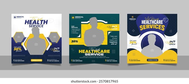 Medical healthcare service social media post doctor consultation square banner, hospital clinic diagnostic center business promotion design web template set