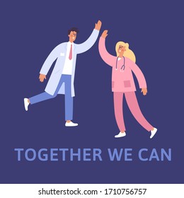 Medical, healthcare services concept. Happy doctor and nurse jumping with raised hands. Vector flat style.
