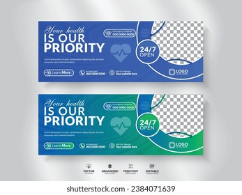 Medical healthcare services social media cover design template with gradient colour, Social media cover page timeline, web banner ads design template.
