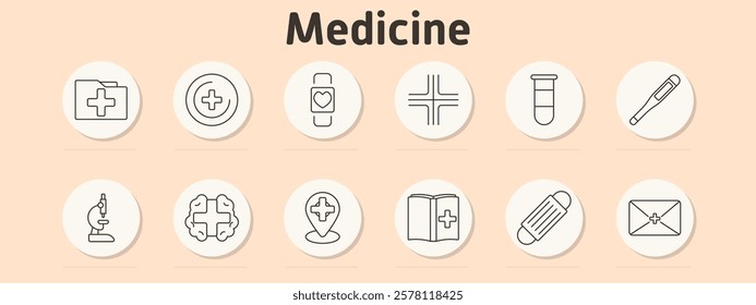 Medical healthcare set icon. Folder, medical badge, smartwatch, cross, test tube, thermometer, microscope, brain health, location, handbook, mask, medical letter