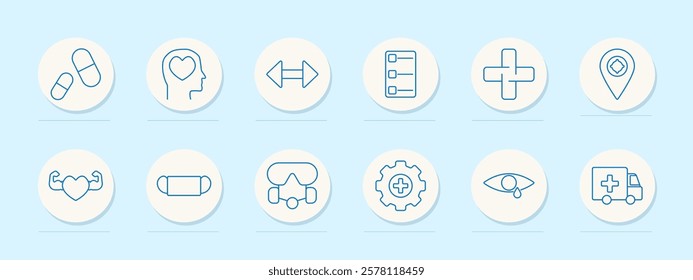 Medical healthcare set icon. Pills, mental health, measurement, checklist, medical cross, location, fitness, mask, goggles, settings, vision, ambulance