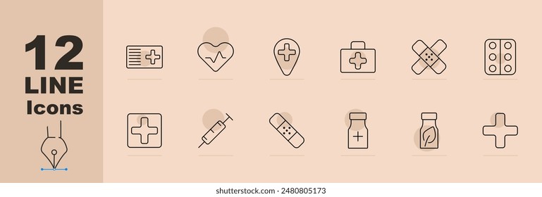 Medical and healthcare set icons including health card, heart monitor, first aid kit, bandage, pills, syringe, and supplement bottle. Vector line icons on a beige background