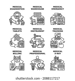 Medical healthcare set icons. Medical professional. x-ray mri machine. billing money. emergency hospital. instrument equipment. diagnostics, tablets. Concept black illustration