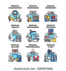 Medical healthcare set icons. Medical professional. x-ray mri machine. billing money. emergency hospital. instrument equipment. diagnostics, tablets. Concept color illustration