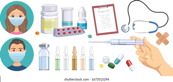 Medical healthcare set. Man and woman in medical protective masks, syringe, ampoule and plaster isolated on white background. Medical pills, capsules and bottles. Vector cartoon flat illustration. 