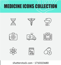 Medical and Healthcare. Set of outline vector icons. Includes such as Emergency, Hospital, Medical equipment and other. Editable Stroke.Icon set for your web site design, logo, app, UI.