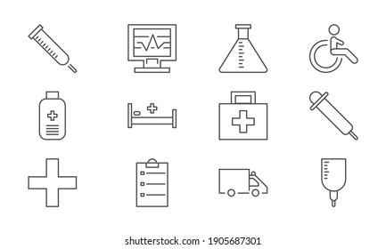 Medicina y Salud. Conjunto de iconos de vector de contorno. Incluye equipos de emergencia, latidos, equipo médico y otros.