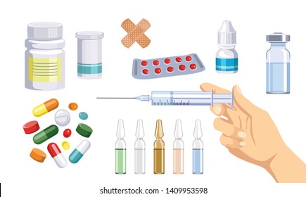 Medical healthcare set. Syringe, ampoule and plaster isolated on white background. Medical pills, capsules and bottles. Vector illustration of medicines and drugs in cartoon flat style. 