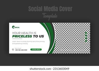 Medical healthcare social media cover design template, ad web banner with amazing green color combination shape and white background for medical business promotion