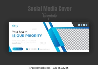 Medical healthcare social media cover design template, ad web banner with amazing blue color combination shape and white background for medical business promotion