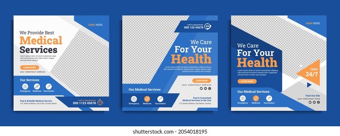 Medical Healthcare Social Media Post Or Web Banner Template Design With Abstract Background, Hospital Logo And Icon For Business Marketing. Corporate Flyer For Doctor, Dentist And Dental Clinic.