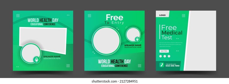 Medical Healthcare social media post template. World health day live webinar conference Square Flyer Design