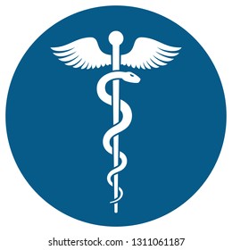 Medical or Healthcare symbol - Staff of Asclepius or Caduceus with wings in circle icon isolated on white background. The snake entwined around a wooden staff with wings. Vector illustration