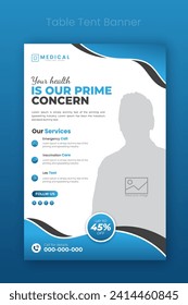Medical healthcare table tent banner template. Display doctor service promotion on table, menu card for restaurant, billboard, rollup in abstract blue colorful shapes