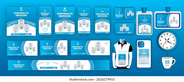 Medical healthcare table tent banner template. Display doctor service promotion on table, menu card for restaurant, billboard, rollup in abstract blue colorful shapes