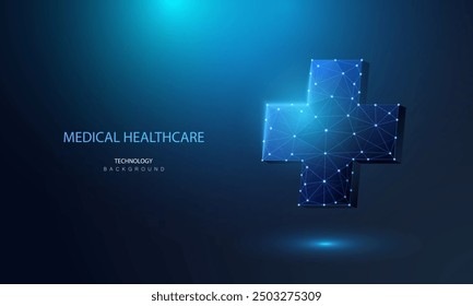 Medical healthcare technology background. Health plus digital symbol in wireframe style. Pharmacy or hospital cross icon vector design. 