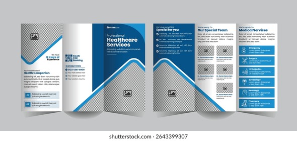Medical and Healthcare Tri-Fold Brochure Design for Hospitals or Clinics. A sleek, professional template for promoting services, treatments, and patient care offerings
