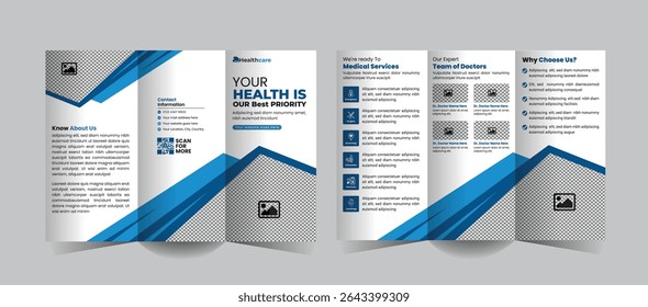 Medical and Healthcare Tri-Fold Brochure Design for Hospitals or Clinics. A sleek, professional template for promoting services, treatments, and patient care offerings