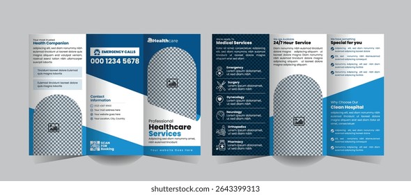 Medical and Healthcare Tri-Fold Brochure Design for Hospitals or Clinics. A sleek, professional template for promoting services, treatments, and patient care offerings