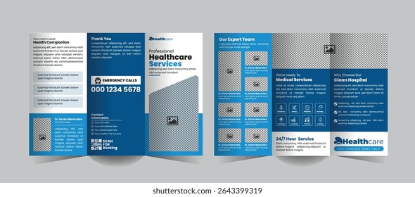 Medical and Healthcare Tri-Fold Brochure Design for Hospitals or Clinics. A sleek, professional template for promoting services, treatments, and patient care offerings