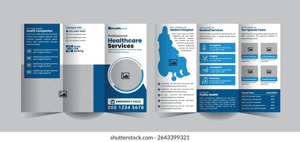 Medical and Healthcare Tri-Fold Brochure Design for Hospitals or Clinics. A sleek, professional template for promoting services, treatments, and patient care offerings