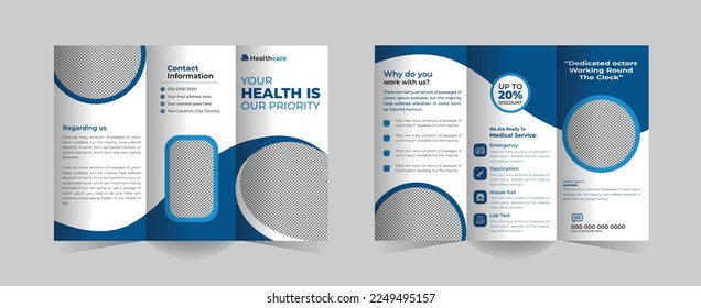 Medical healthcare trifold brochure template for medical services promotion brochure vector template Trifold brochure template for your healthcare medical, clinic, and diagnostic business.