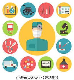 Medical And Healthcare Vector Icons Set. Ambulance Hospital. Flat Design Vector.