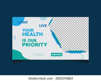 Medical healthcare video thumbnail and editable web banner for hospital live workshop business template.
 Video cover photo for social media, Editable promotion banner design