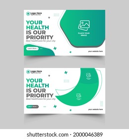 Medical Healthcare video thumbnail and web banner template. Medical promotion web banner. Dental hospital clinic social media layout. Editable promotion banner design. Special offer banner.
