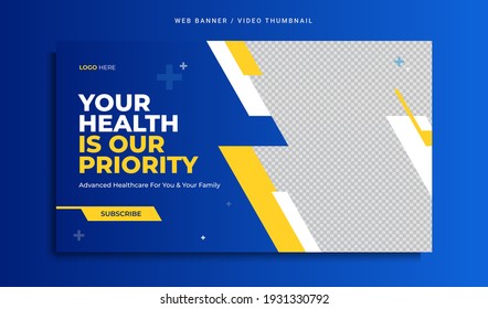 Medical Healthcare Web Banner Or Video Thumbnail Template Design. Hospital And Clinic Health Service Business Promotion Banner With Logo And Icon. Online Marketing Video Cover For Doctor And Dentist.