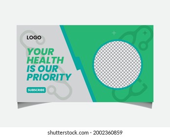 Medical healthcare web banner or video thumbnail template design. Hospital and clinic health service business promotion banner with logo and icon. Online marketing video thumbnail.