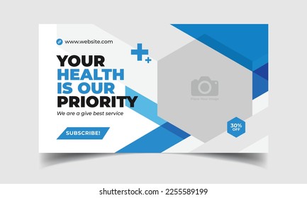 medical healthcare web banner for video thumbnail. editable promotion banner for hospital and clinic social media cover photo layout. 