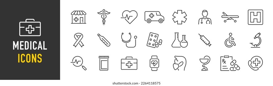 Medical and Healthcare web icon set in line style. Medicine, RX, doctor, virus, testing, lab, scientific discovery, infographic collection. Vector illustration.