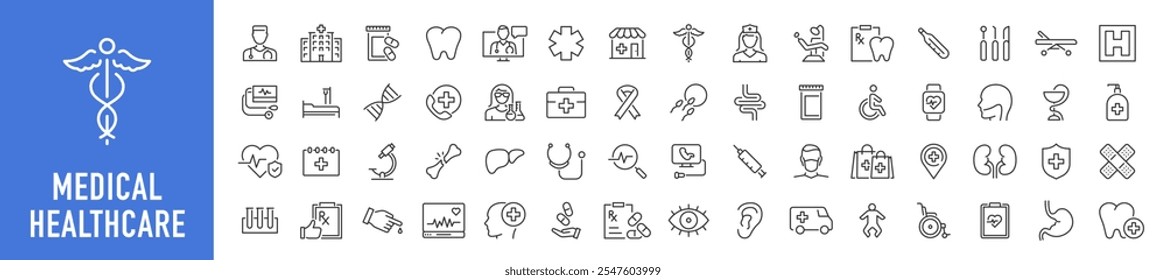 Iconos web médicos y de atención médica en estilo de línea. Medicina, RX, doctor, virus, pruebas, laboratorio, descubrimiento científico, colección infográfica. Ilustración vectorial.