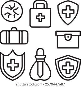 Medical and Healthcare web icons in line style. Medicine, check up, doctor, dentistry, pharmacy, lab, scientific discovery, collection.