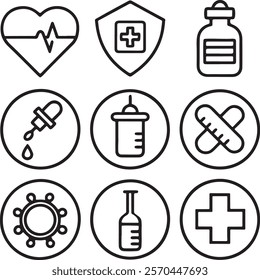 Medical and Healthcare web icons in line style. Medicine, check up, doctor, dentistry, pharmacy, lab, scientific discovery, collection.