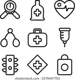Medical and Healthcare web icons in line style. Medicine, check up, doctor, dentistry, pharmacy, lab, scientific discovery, collection.
